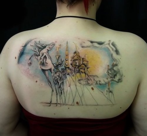 Abstract Dali Elephant Tattoo On Back